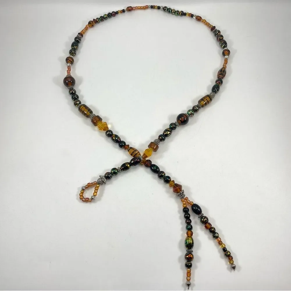 Stunning Necklace Yellow Green Black Glass Beaded Lariat Style Unsigned